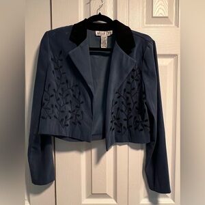 Megan Lee Cropped Blue Blazer With Black Velvet Accents